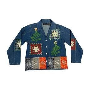 New Directions Y2K Vintage Christmas Patch Lightweight Denim Jacket Size Small